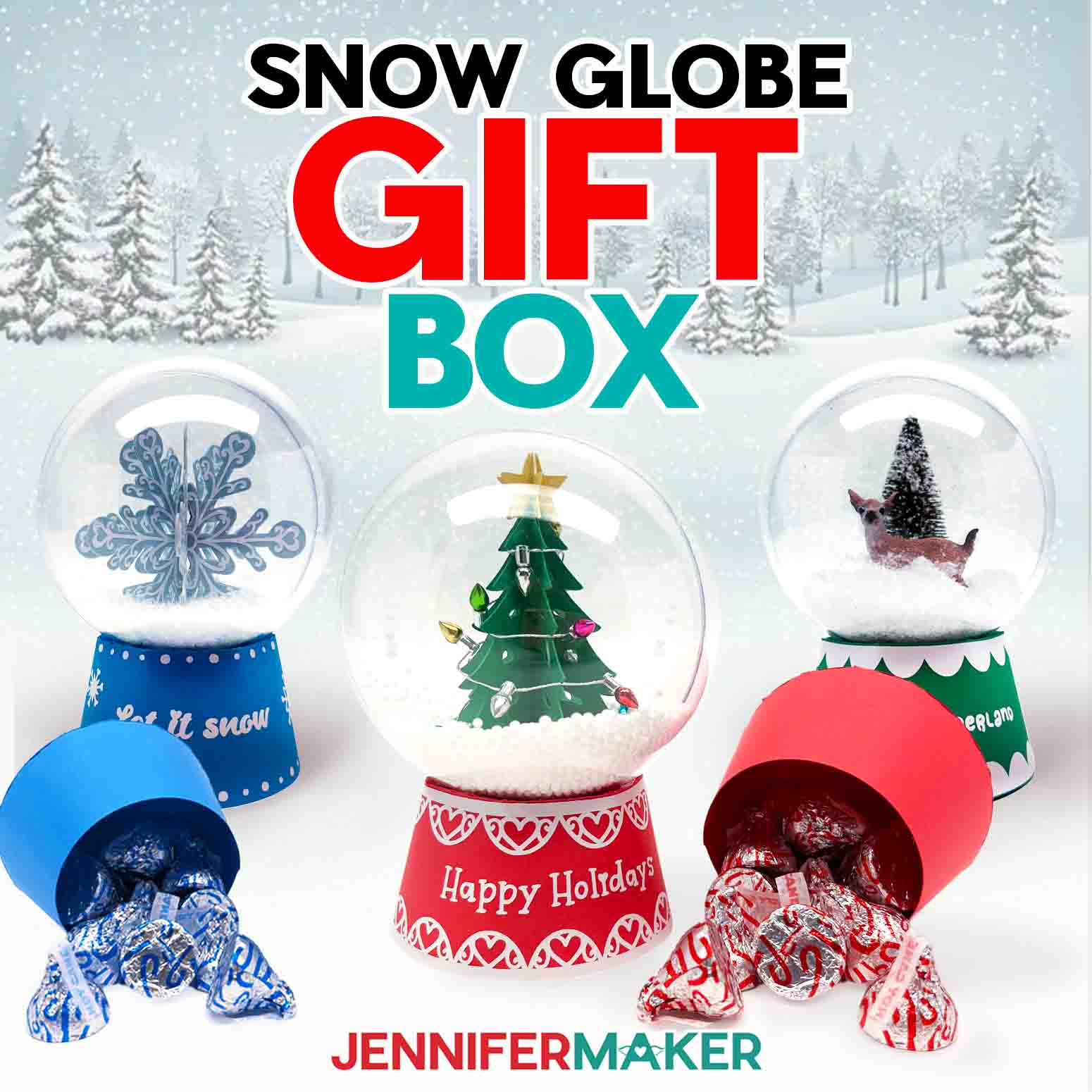 A set of three Snow Globe Gift Box designs, one with a snowflake, two with a Christmas tree. Two boxes are open, spilling chocolate candy onto the surface of the table