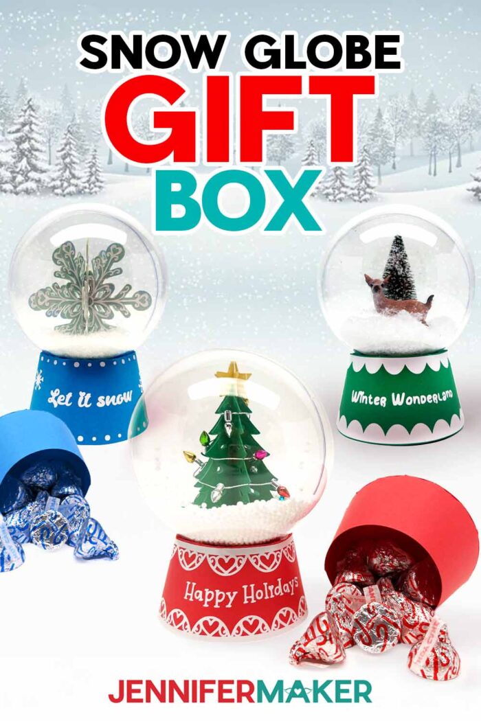 A set of three Snow Globe Gift Box designs, one with a snowflake, two with a Christmas tree. Two boxes are open, spilling chocolate candy onto the surface of the table. Learn to make your own with the free tutorial and files!