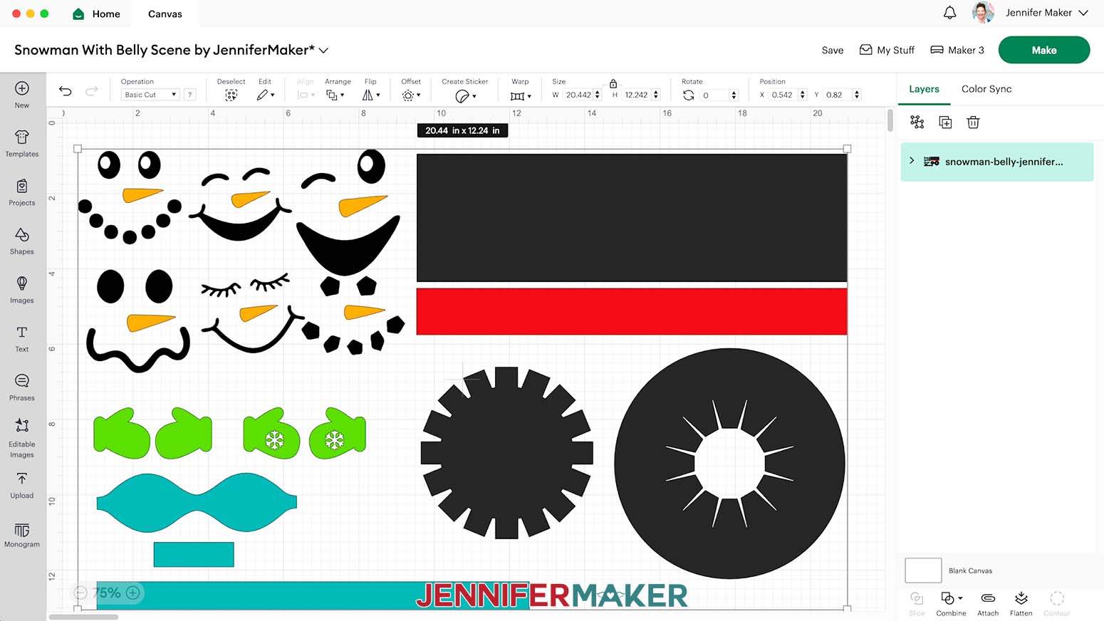 Snowman with belly scene SVG uploaded to Cricut Design Space canvas.