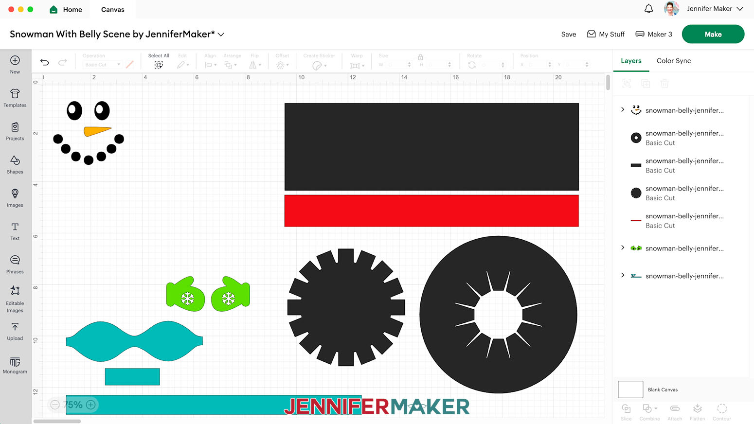 One snowman face, one pair of mittens, the bowtie, and the hat pieces on the Design Space canvas.