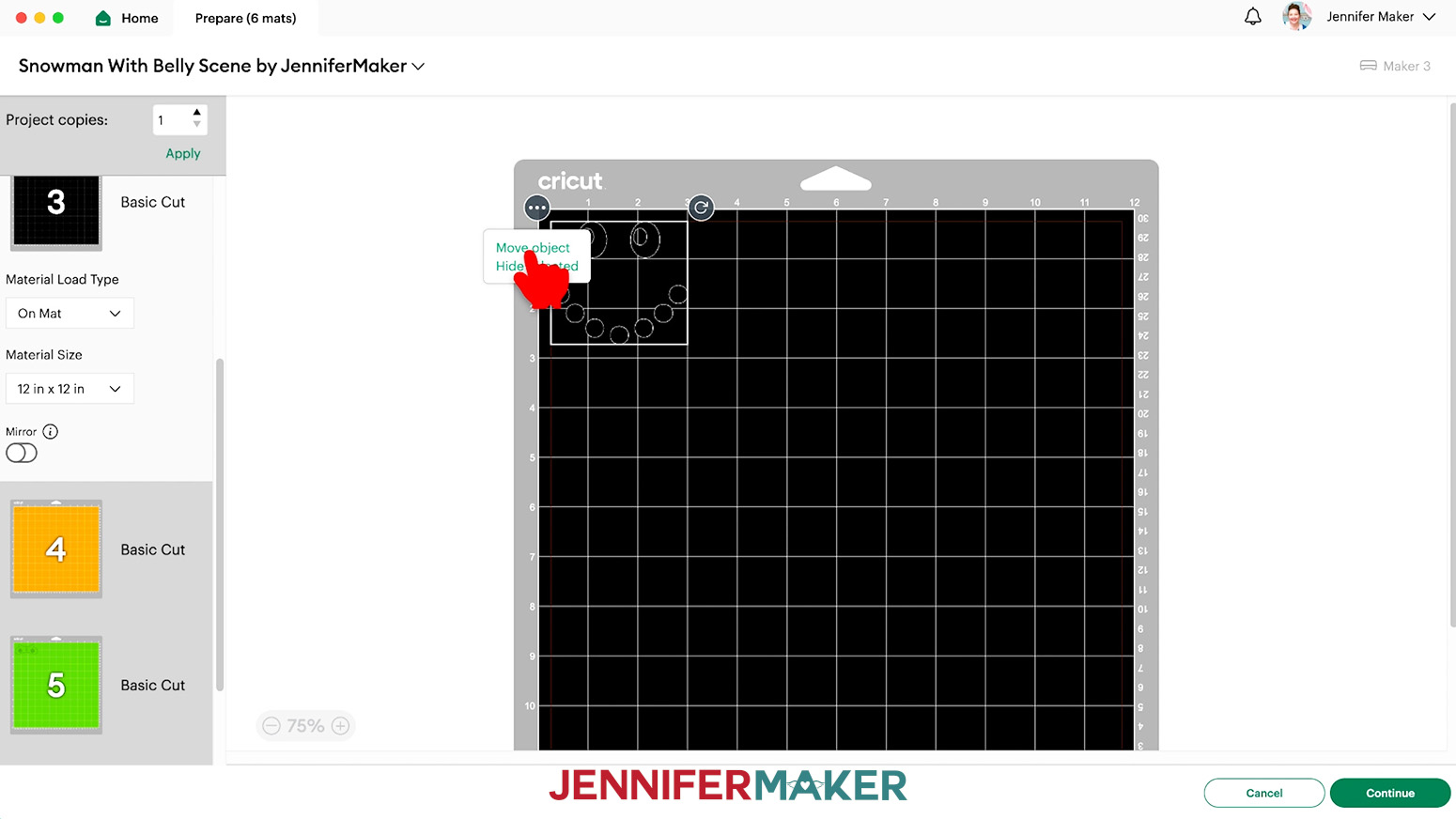 On the black mat, select the cut piece and click the three dots in the corner of the cut piece to move the piece.