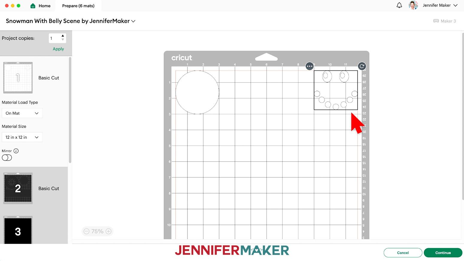 Click and drag the transferred cut piece to the ride side of the white mat.
