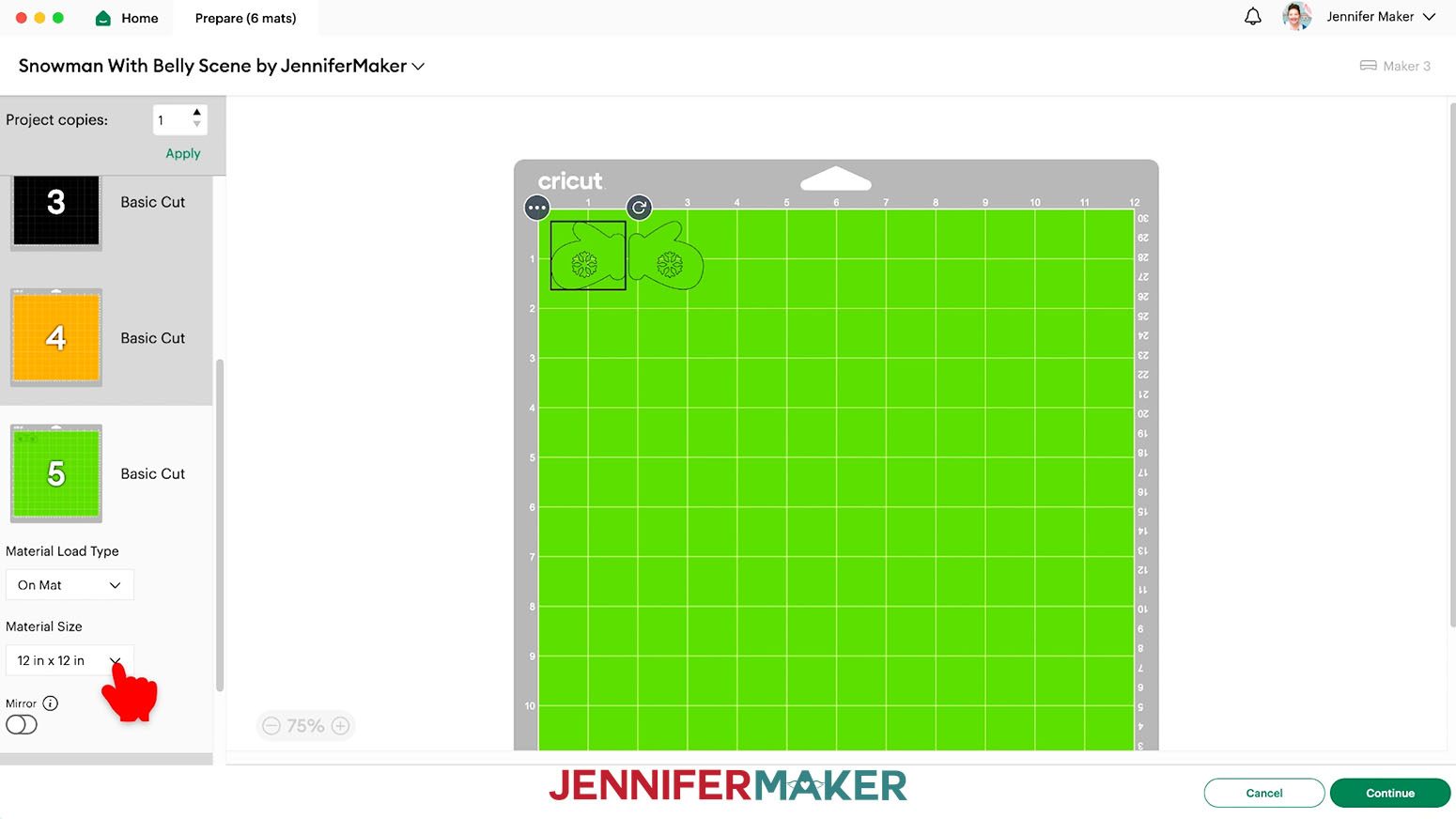 On the Prepare screen, select the material size for each of the mats.