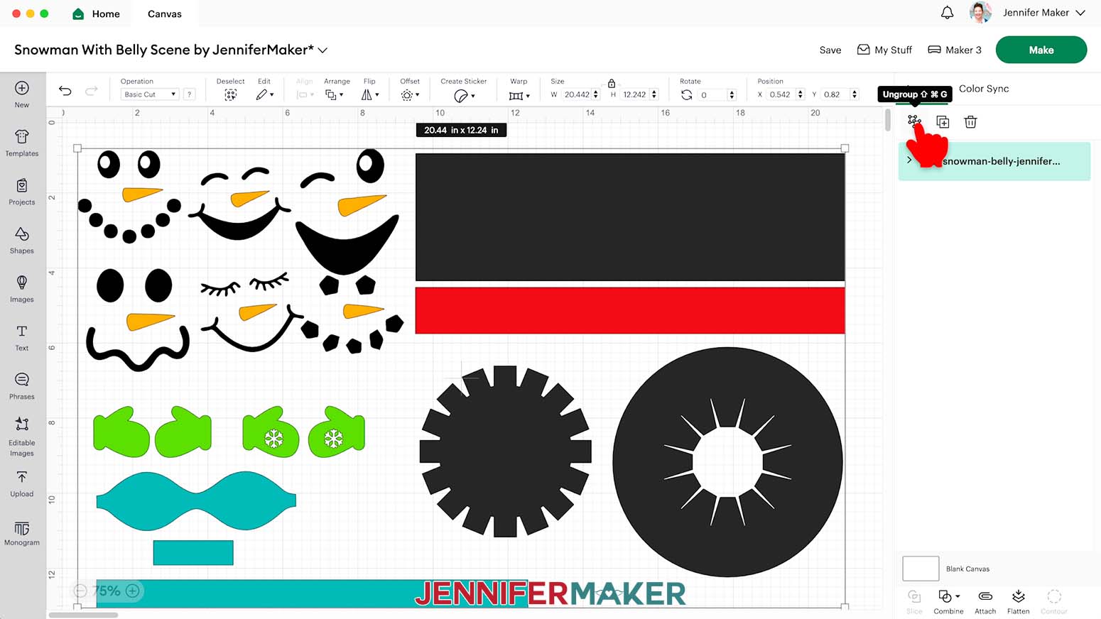 Click the Ungroup icon above the layers panels to ungorup the layers of the design.