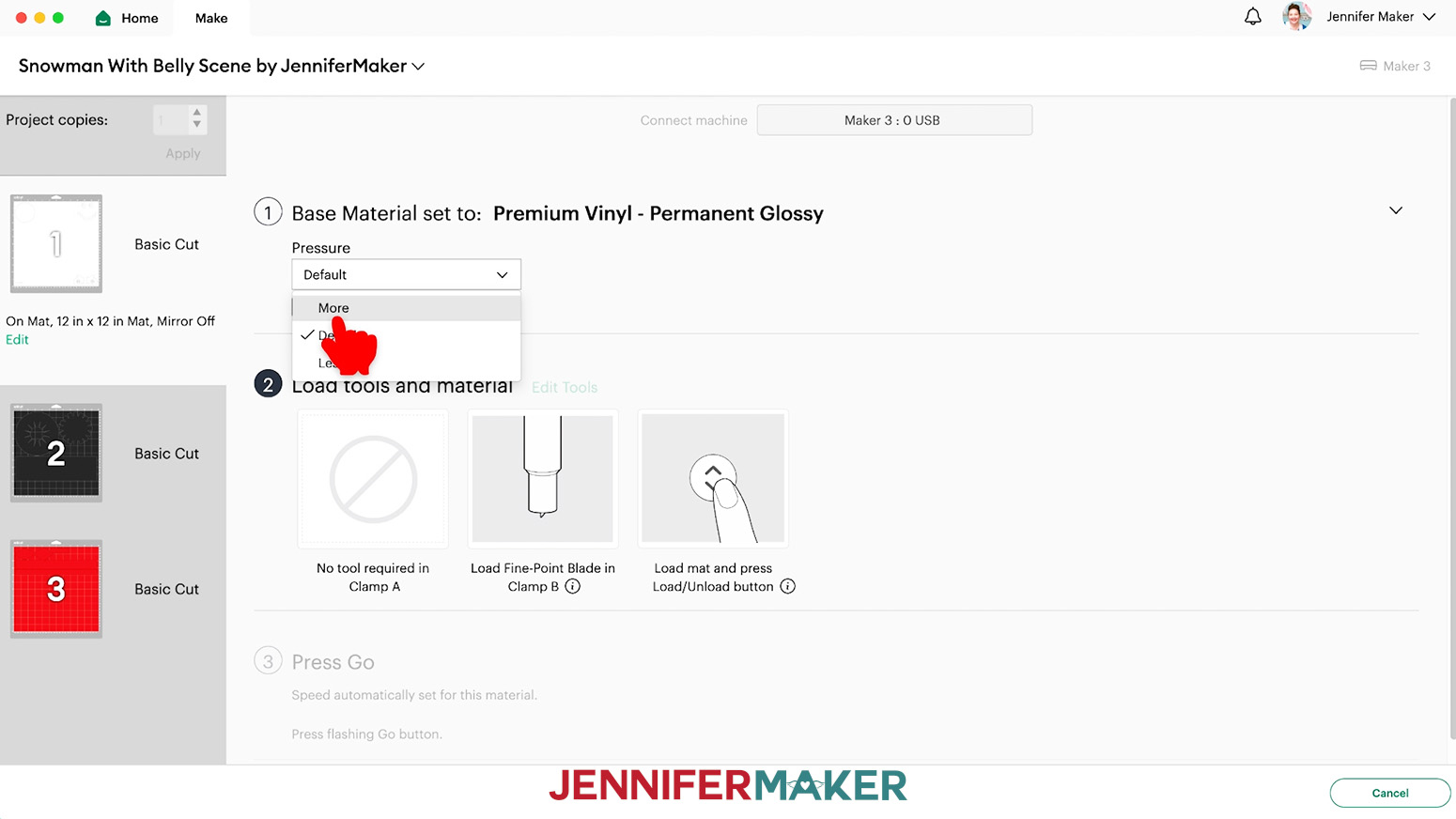 Vinyl settings are on Premium Vinyl Permanent Glossy with More pressure.