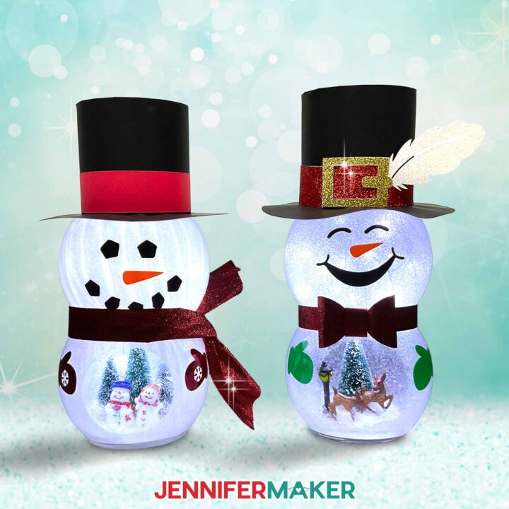 Make a Snowman with Belly Scene lantern with JenniferMaker's tutorial! Two light-up snowman lanterns with see-through bellies with winter scenes inside.