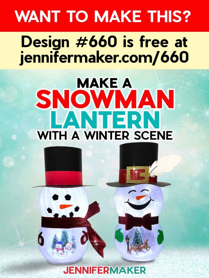 Want to make a Snowman With Belly Scene lantern? Design #660 is free at jennifermaker.com/660. Two cute snowmen lanterns with belly scenes sit on display