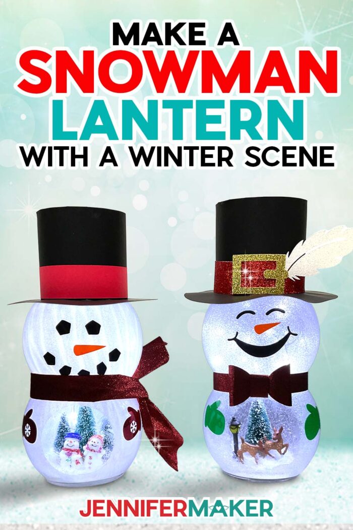 Get free SVG files to make a Snowman With Belly Scene! Two snowman lanterns, one with a snowman scene and one with a deer scene, glow against a wintry background