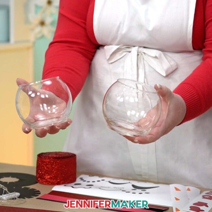 Jennifer shows the glass vases used to make a Snowman With Belly Scene