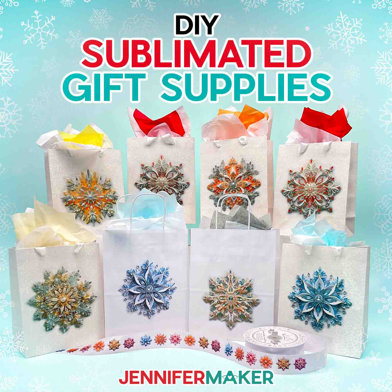 Make DIY Sublimation Gift Supplies with JenniferMaker's tutorial! A roll of ribbon and eight gift bags stuffed with colorful tissue paper feature intricate sublimated snowflake designs.