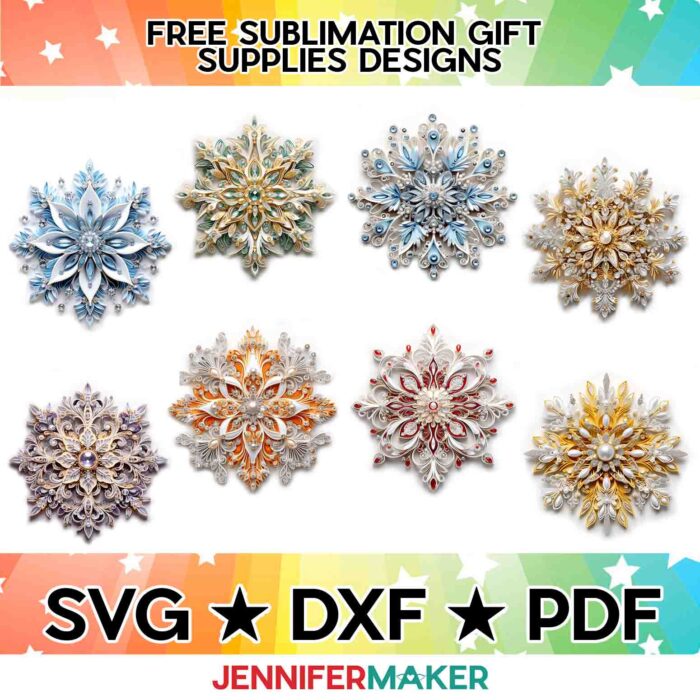 Make DIY Sublimation Gift Supplies with JenniferMaker's tutorial and free sublimation gift supplies designs! Eight intricate sublimated snowflake designs are available in SVG, DXF, and PDF files.