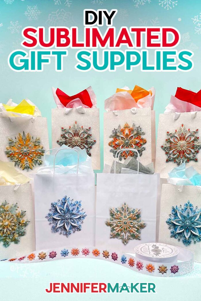 Make DIY Sublimation Gift Supplies with JenniferMaker's tutorial! A roll of ribbon and eight gift bags stuffed with colorful tissue paper feature intricate sublimated snowflake designs.