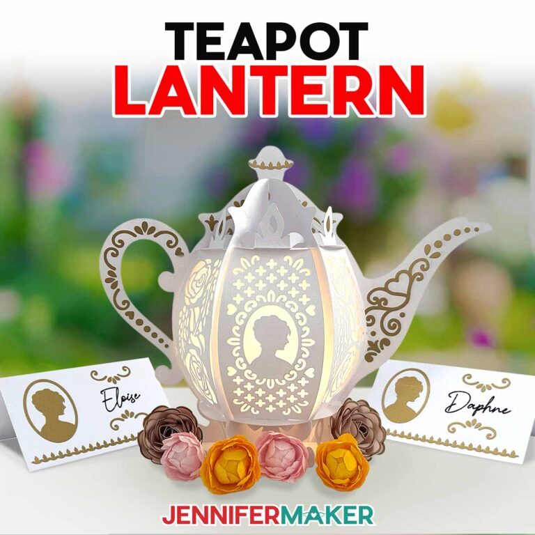 A teapot lantern made with cardstock, vinyl, and vellum. Tutorial by JenniferMaker.