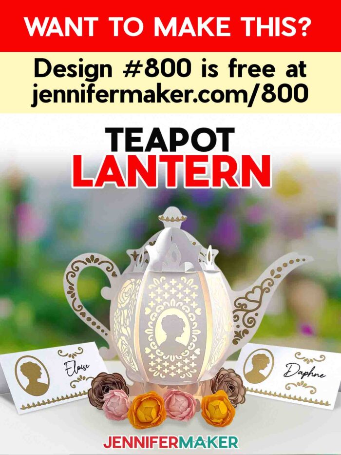 Want to make this? Design #800 is free at jennifermaker.com/800. An elegant teapot lantern made from cardstock, vinyl, and vellum sits on table surrounded by miniature rolled flowers and matching place cards.