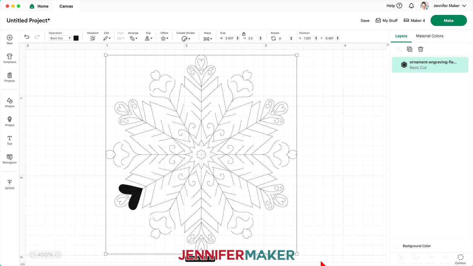 The Flake 2 svg is shown on the Design Space Canvas and it has an odd black heart shape.