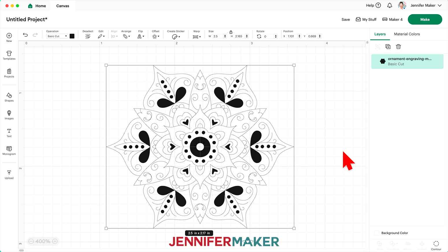 The Mandala 1 svg is shown on the Design Space Canvas and it has a few black elements that look odd.