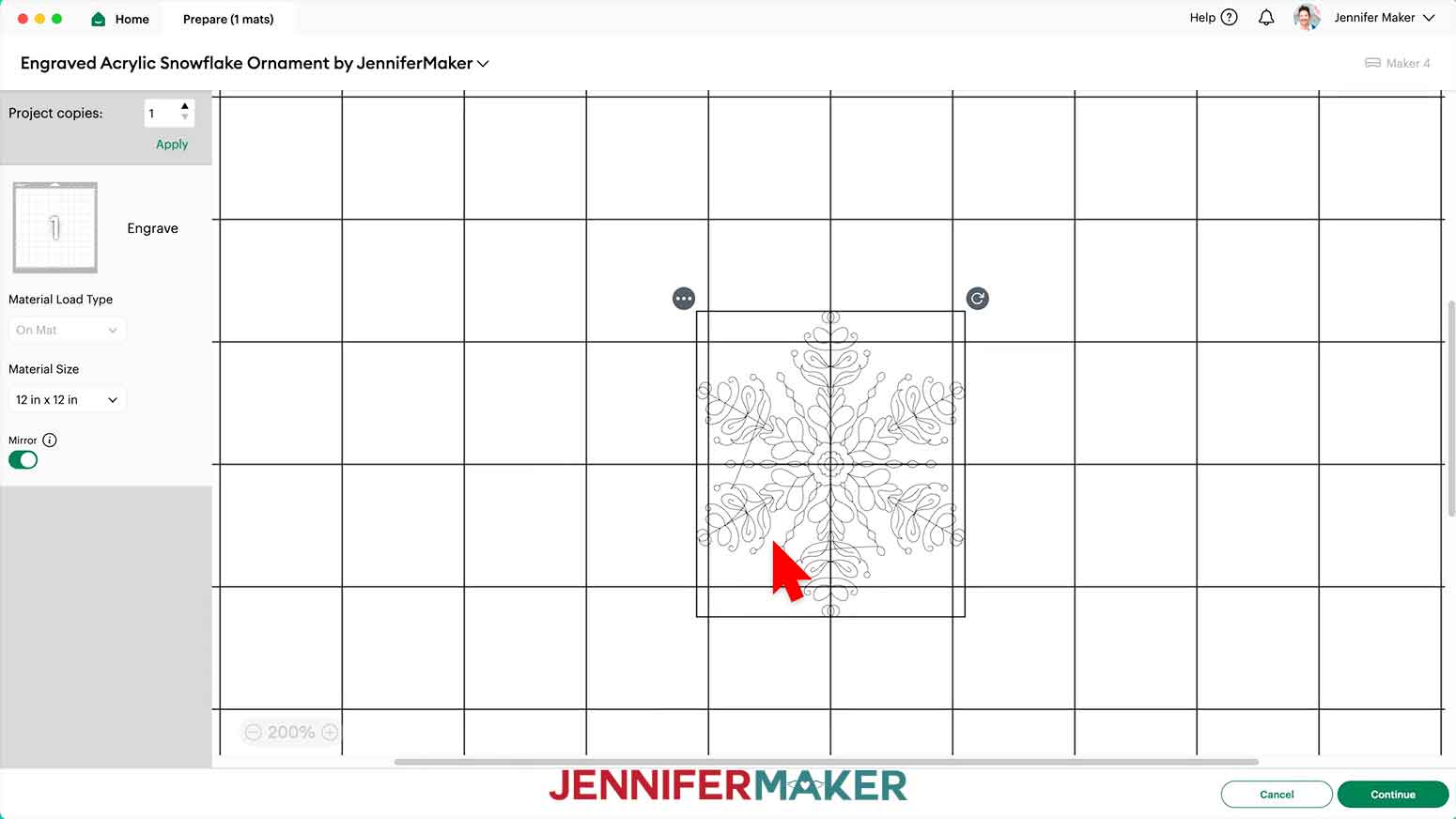 The engraving design needs a very accurate placement and so the Mat Preview is zoomed in to ensure proper placement.