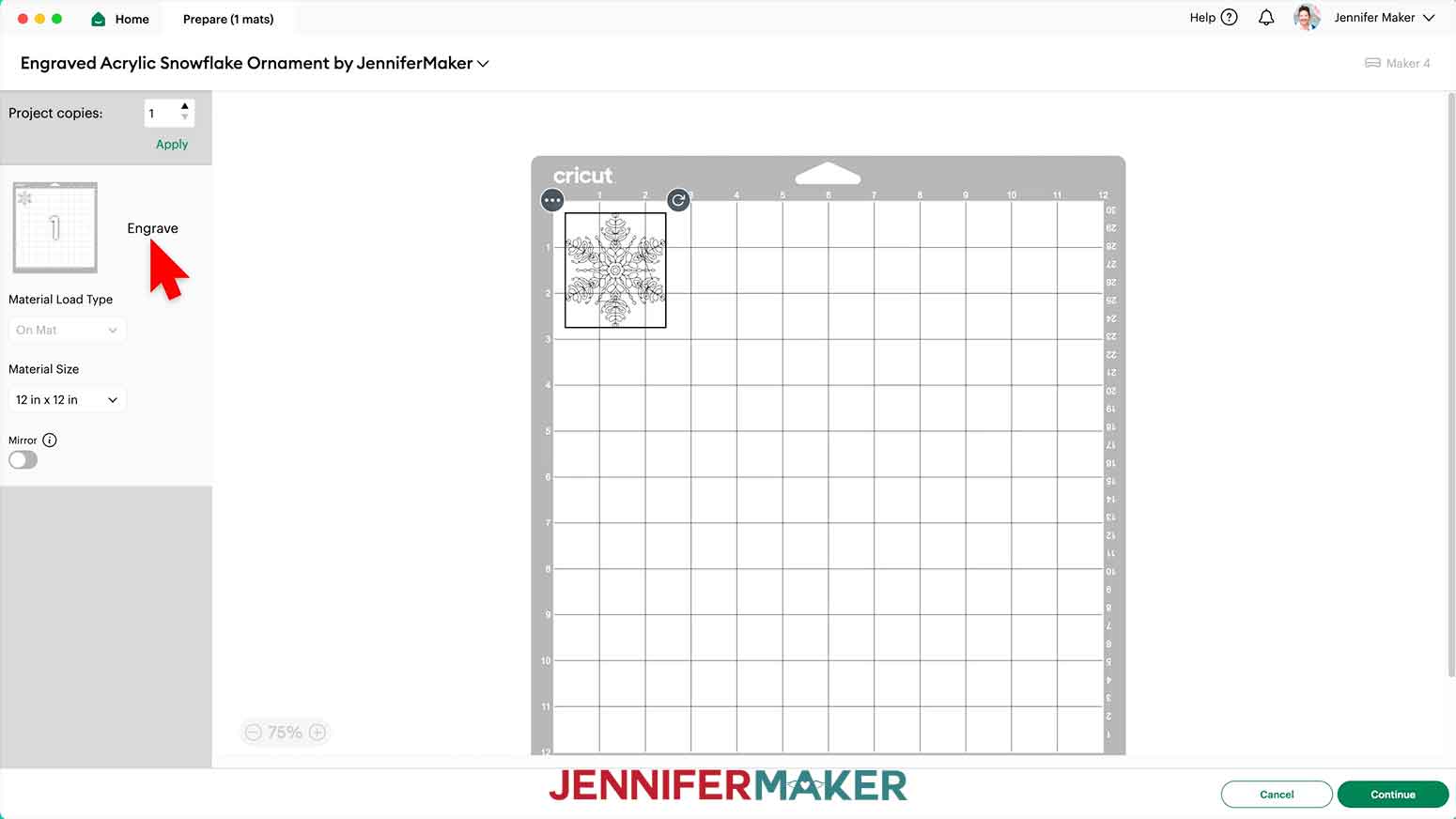 Flake 1 is shown on the Prepare screen and the cursor hovers over the Engrave operation shown in the menu.