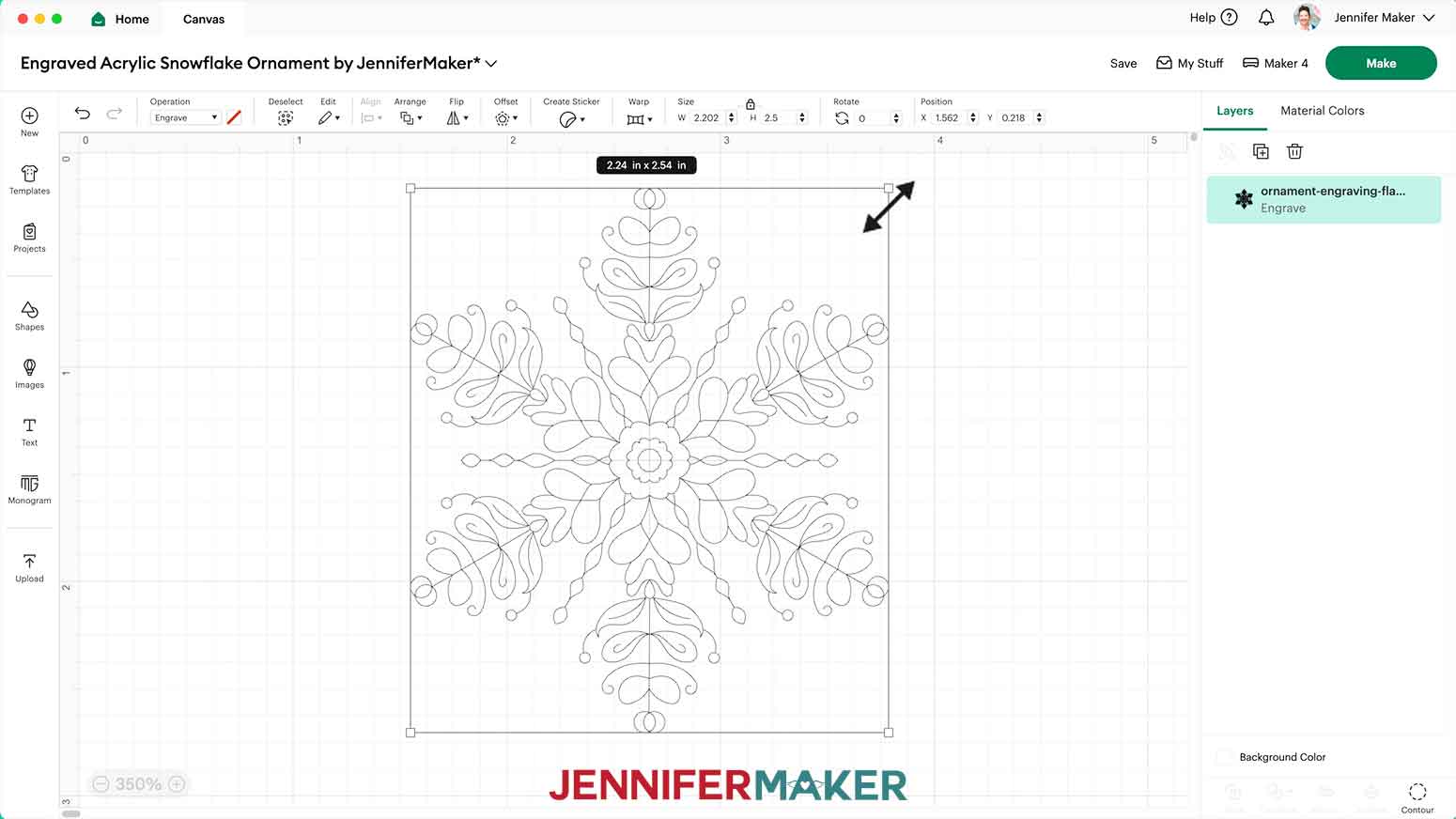 The Flake 1 svg doesn't look odd anymore now that it is set to Engrave, the design is being resized to fit the size of the engraving area on the acrylic blank.