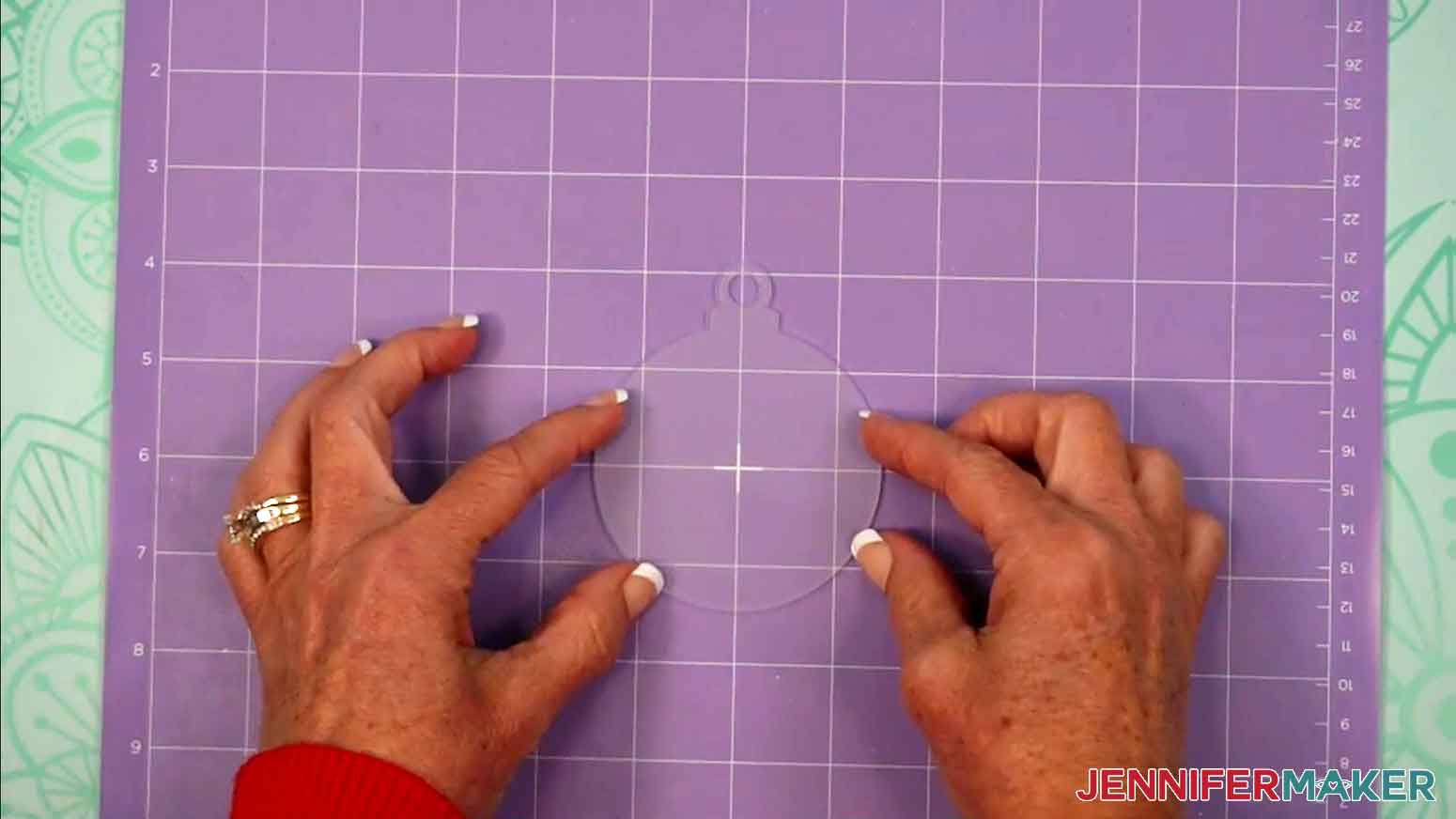 The acrylic blank is shown on the purple strong grip mat in the center position.
