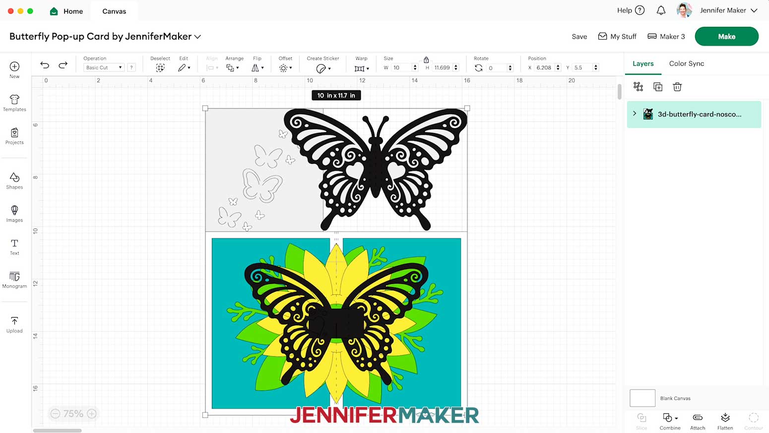 The butterfly pop up card design on the Cricut Design Space Canvas.