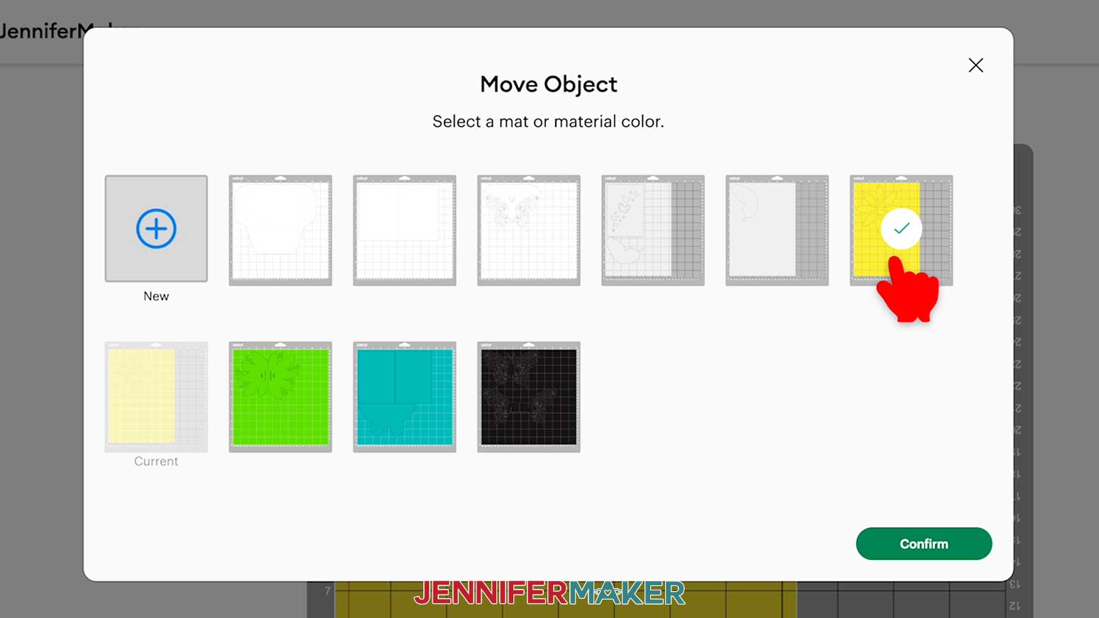 The Move Object menu in Cricut Design Space, showing a yellow mat selected, with the pointer selecting another yellow mat.