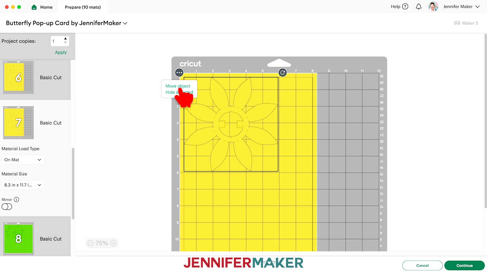 The yellow mat on the Design Space Prepare screen showing "Move object" selected for the butterfly pop up card flower petal piece.
