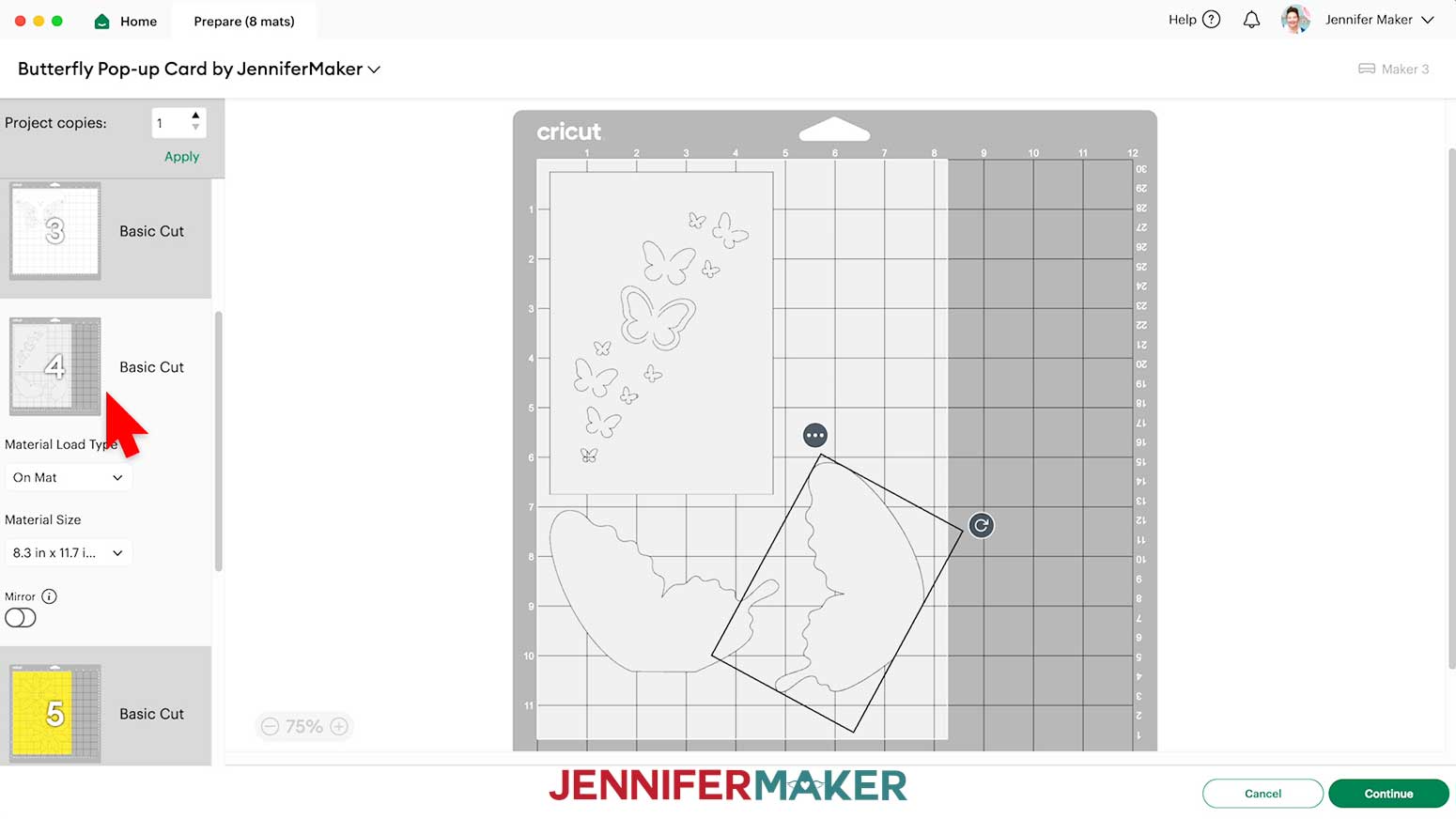 Move the second gray butterfly wing piece to the mat with the first wing piece and front piece on the Prepare screen in Cricut Design Space.
