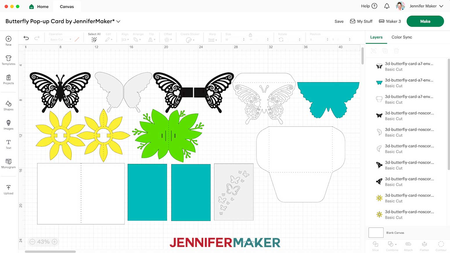 The alcohol ink butterfly pop up card design prepared and ready to cut on the Cricut Design Space Canvas.