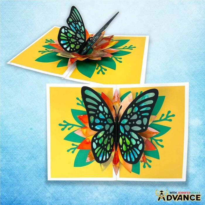 Two Alcohol Ink On Paper cards with pop-up butterflies you can learn to make in the Advance by JenniferMaker program