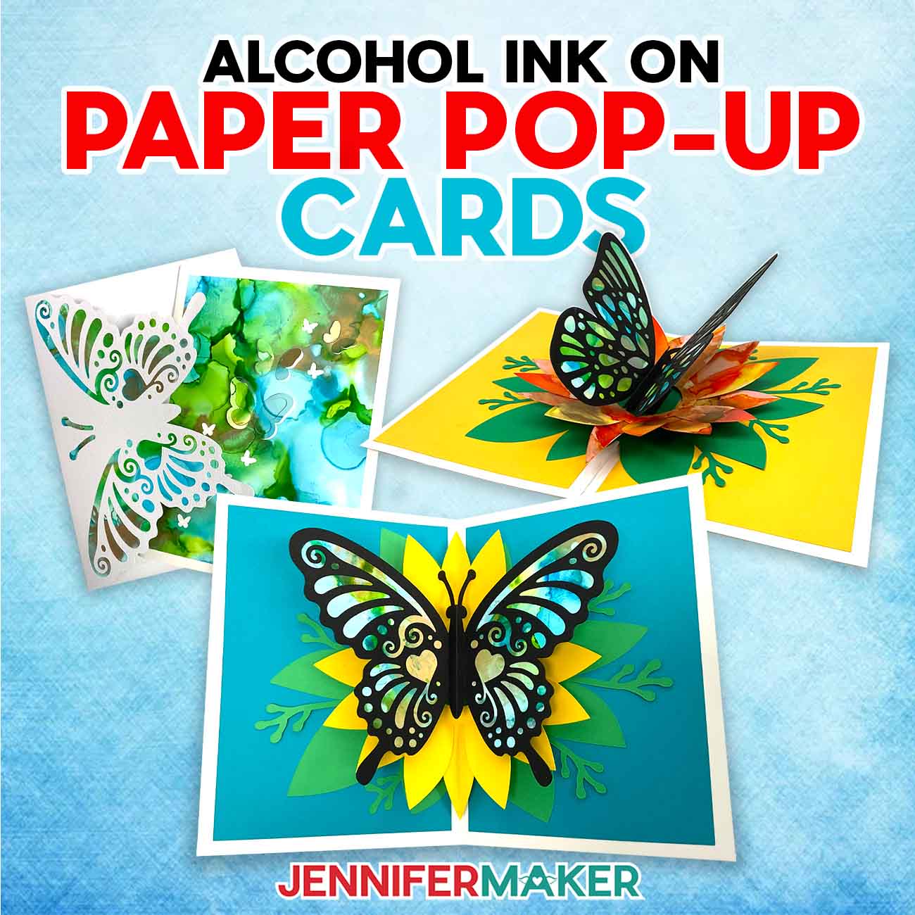 Make beautiful Alcohol Ink on Paper Pop-Up Cards with the free tutorial. A collection of three butterfly pop-up cards made with Alcohol Ink On Paper