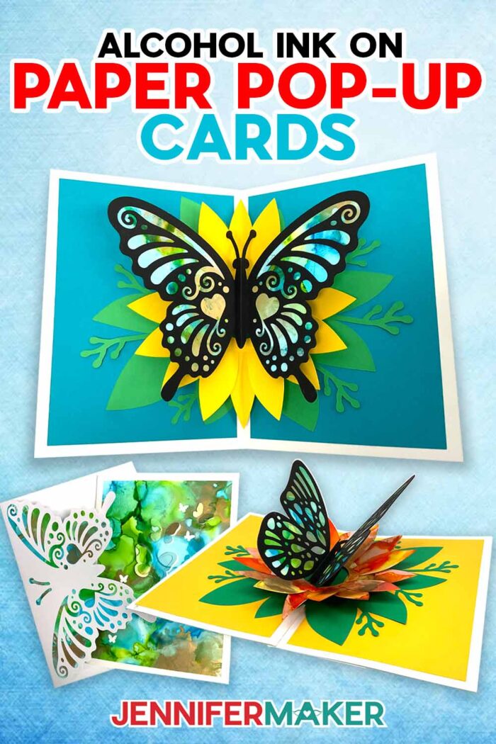 Three beautiful and intricate Alcohol Ink On Paper butterfly pop-up cards you can make in the free tutorial 