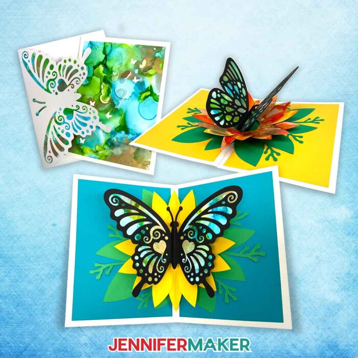 Three butterfly pop-up cards made with Alcohol Ink On Paper