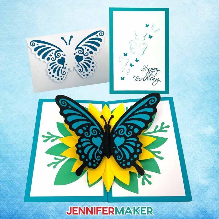 Three Alcohol Ink On Paper butterfly pop-up cards, one with a "Happy Birthday" message