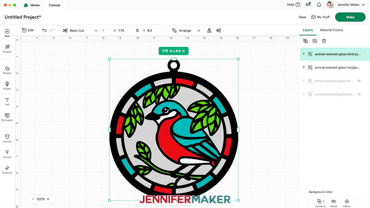 The Alcohol Ink Stained Glass design bird is loaded onto the Design Space Canvas.