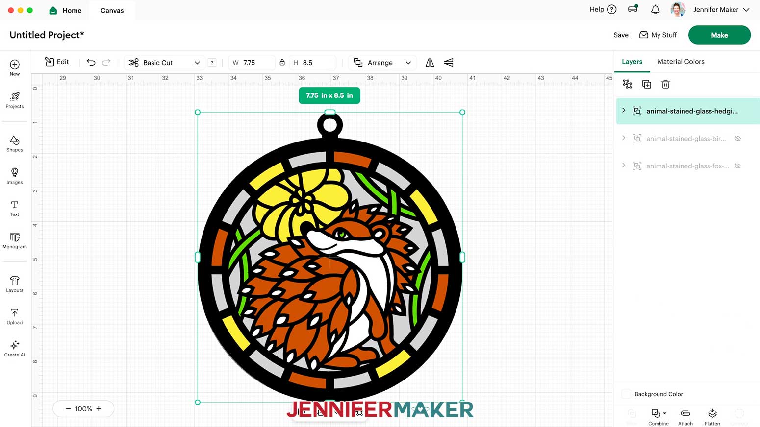 The hedgehog Alcohol Ink Stained Glass design is added to Cricut Design Space.