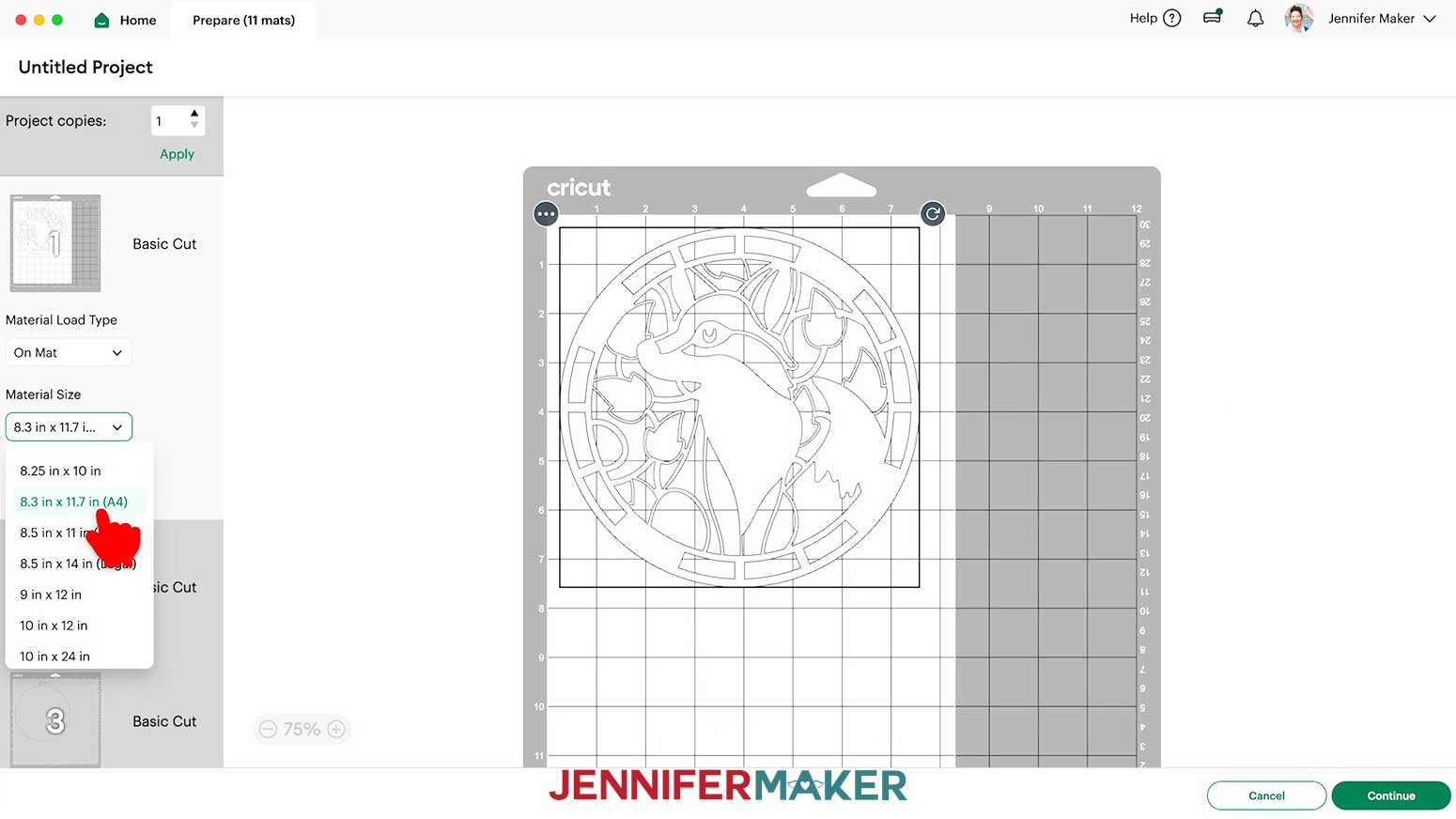 Choose the correct size paper for the Alcohol Ink Stained Glass design layers before continuing to the cut screen.