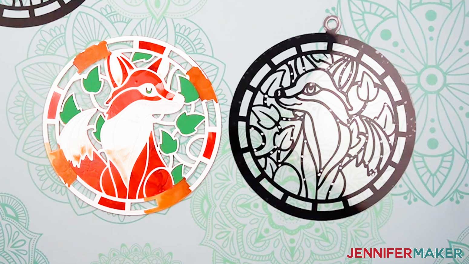 Add glue to the inner lines on the back side of the vinyl and acetate layer of the Alcohol Ink Stained Glass design.