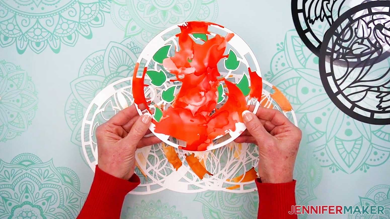 Sandwich the green center cardstock layer between the two orange layers of the fox Alcohol Ink Stained Glass design.