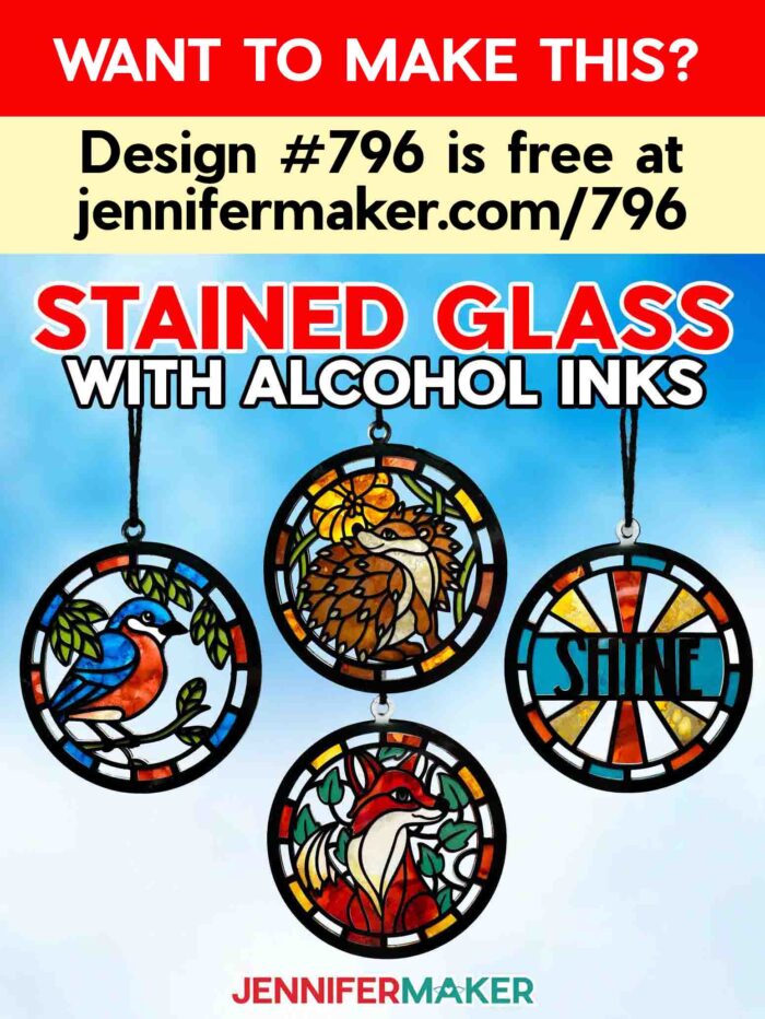 Four Alcohol Ink Paper Stained Glass window projects featuring a bird, hedgehog, "shine," and fox designs, hanging against a bright blue sky with fluffy clouds. Want to make this? Design #796 is free at jennifermaker.com/796