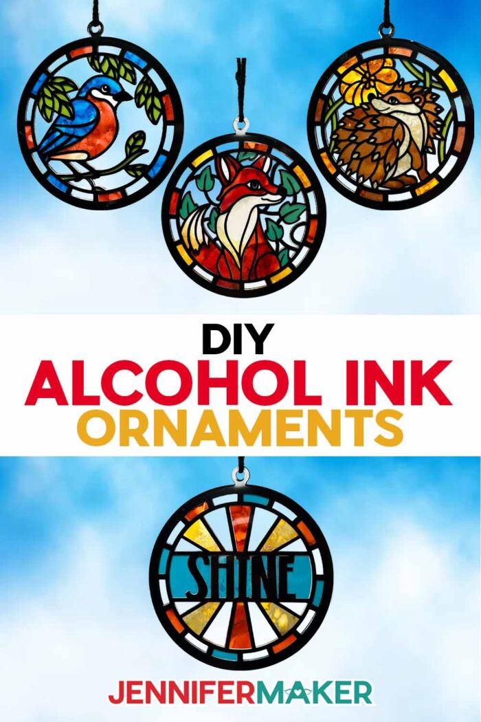 Four Alcohol Ink Paper Stained Glass window projects featuring a bird, hedgehog, "shine," and fox designs, hanging against a bright blue sky with fluffy clouds. Learn how to make your own with the free tutorial and free SVG files!