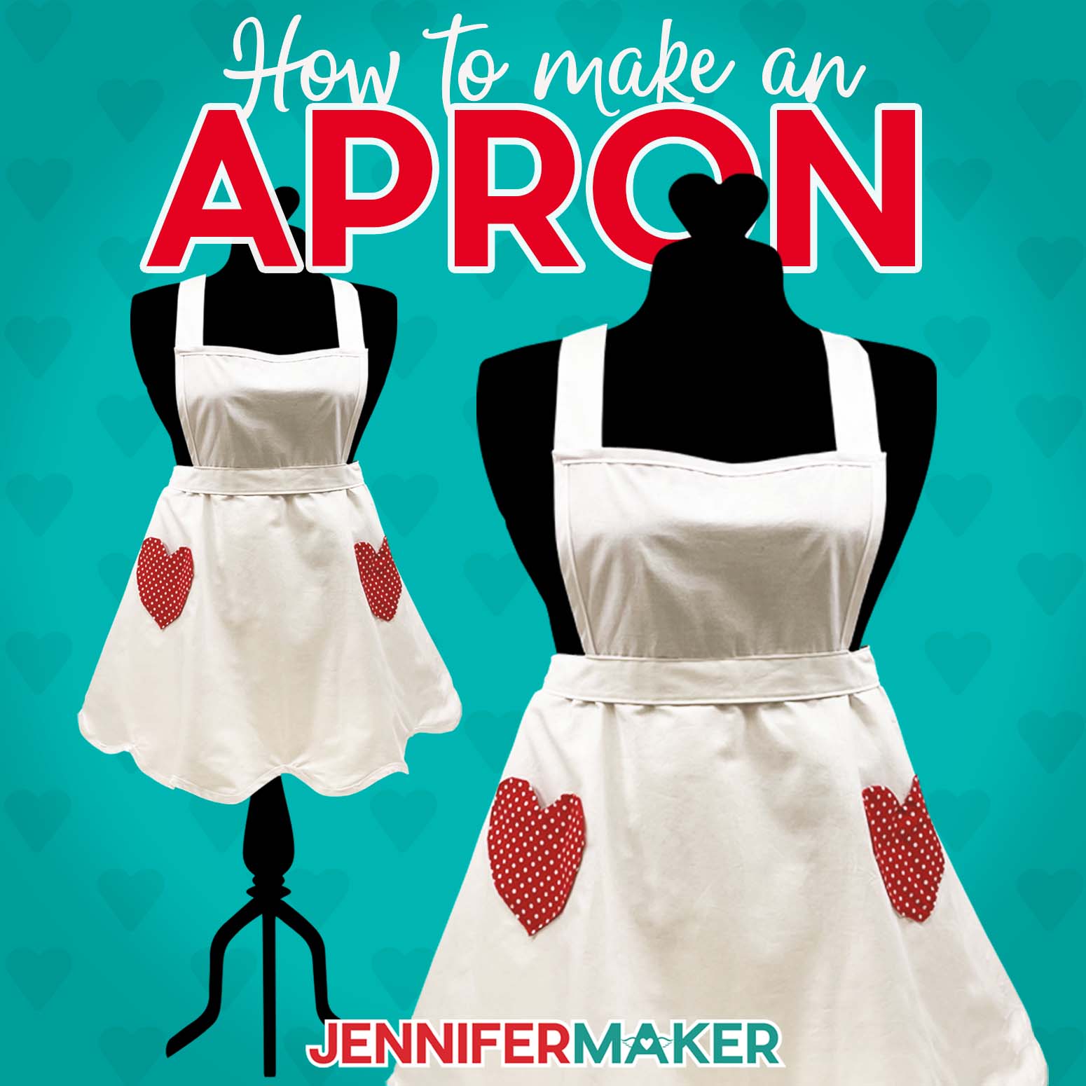 Two mannequins displaying vintage white aprons with red heart-shaped pockets made using a JenniferMaker tutorial on how to make an apron.