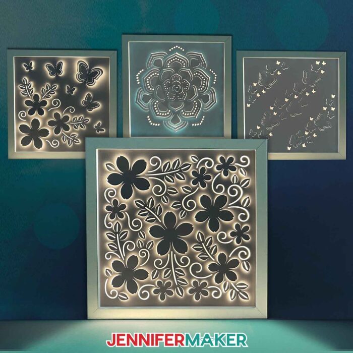 Four Backlit Shadow Box projects glow in from inside square white frames, each with succulent, flower, and butterfly designs
