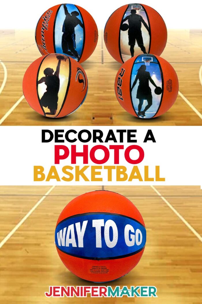 Learn how to Decorate a Photo Basketball in this JenniferMaker tutorial! A variety of basketballs featuring photos and text messages on alternating sections of the ball.