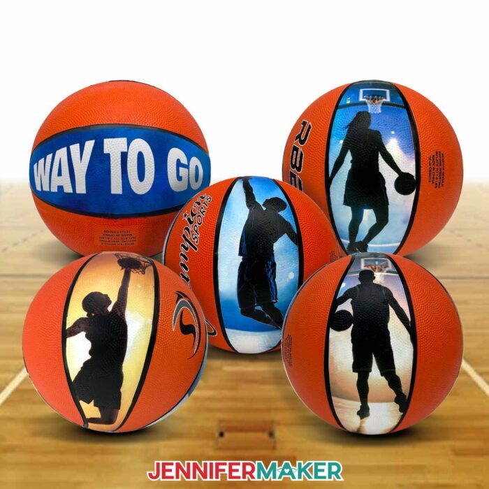 Five basketballs on a court. Four show different custom photo panels featuring a basketball player in action, while the last shows a panel with the words "WAY TO GO" in white on a blue background.