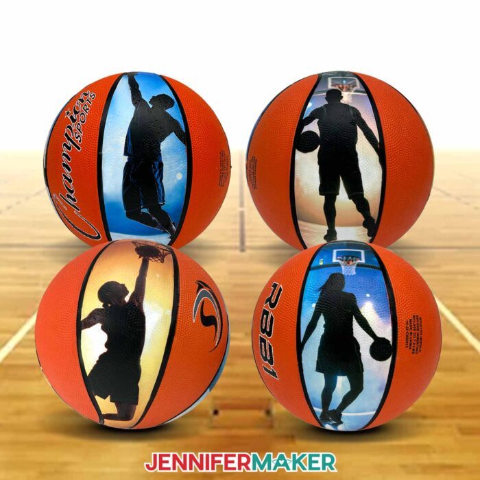 Four basketballs on a court, each showing a different custom photo panel featuring a basketball player in action.