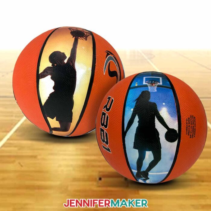 Two basketballs on a court, each showing a different custom photo panel featuring a basketball player in action.