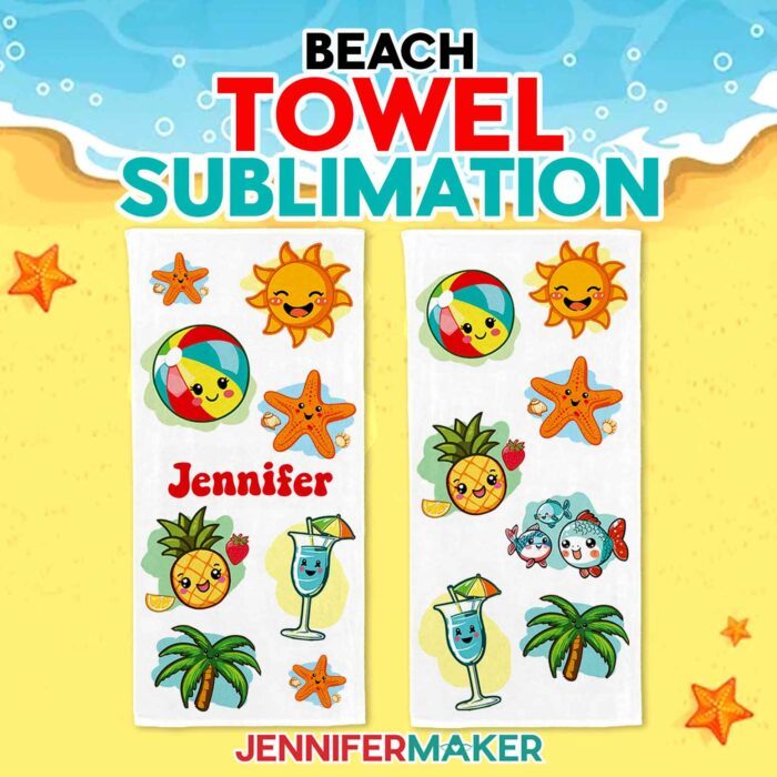 Make a Sublimation Beach Towel with JenniferMaker's tutorial! Two cute sublimated towels with kawaii-inspired beach and vacation designs sit on an illustrated beach.