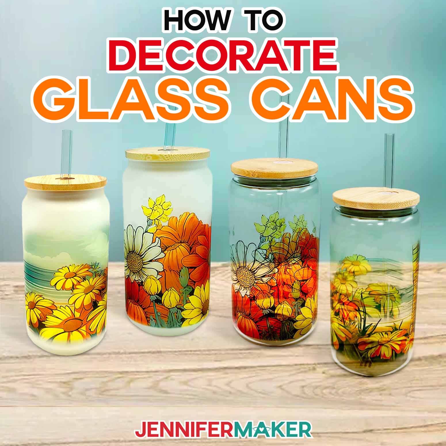 Learn how to make a sublimation beer can glass with Jennifer Maker's tutorial! Four beautiful sublimated beer can glasses featuring floral and beach images sit against a blue background.
