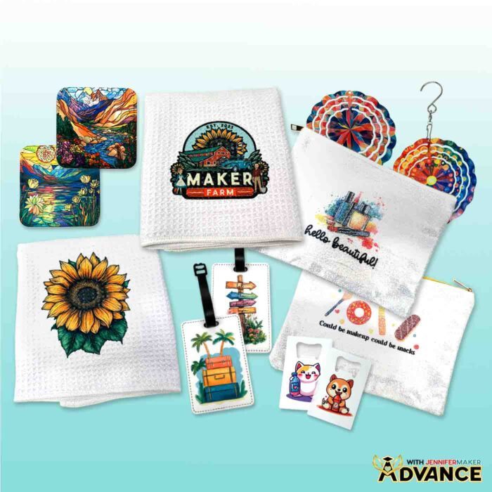 A full collection of projects from the Beginner Sublimation Kit sits on display, with beautiful vibrant images